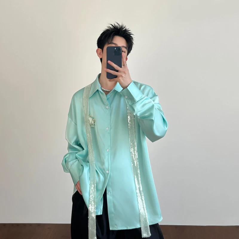 WTHT Fashion Men's Heavy Industy Spliced Flower Sequins Ribbon Shirts Trendy Single Breasted Lapel Tops Male 2025 Winter
