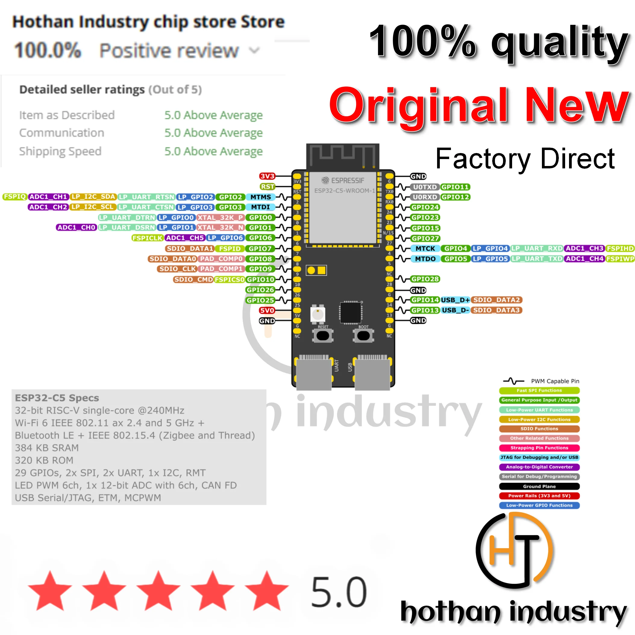 (1 PCS) 100% NOVO ESP32-C5-DevKitC-1 ESP32-C5-WROOM-1 Wi-Fi de banda dupla 6 2.4 e 5 GHz