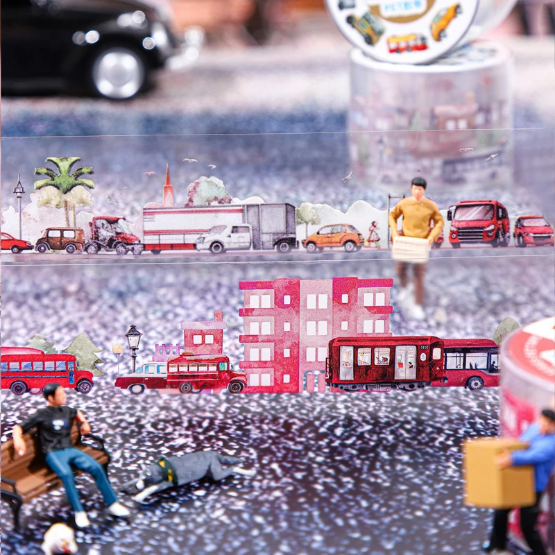 10 Packs X200cm/roll Waterproof PET Tape Shuttle Series Urban Building Car Drawing Home Handbook Creative Decoration