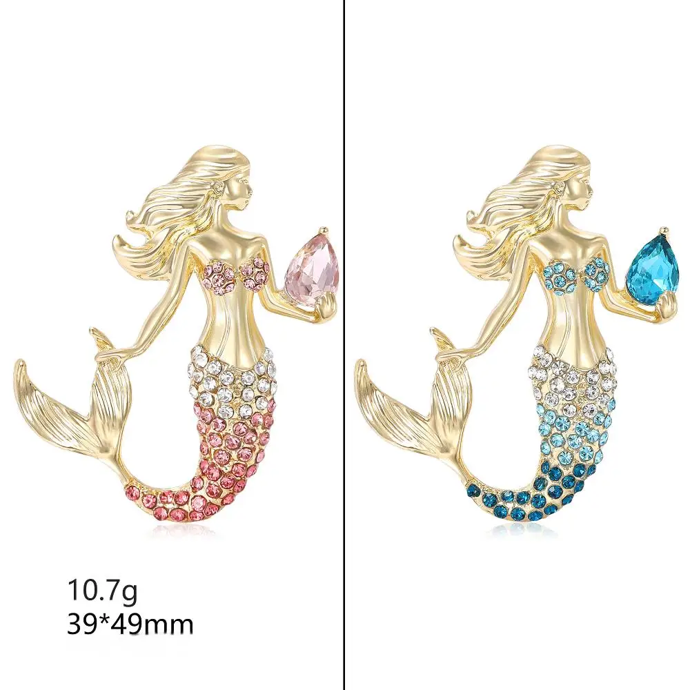 

New design Beautiful Mermaid Girl Holding a Rhineston Conch Brooches Crystal Tail Pins Jewelry Accessory Gift For Kid and Lover