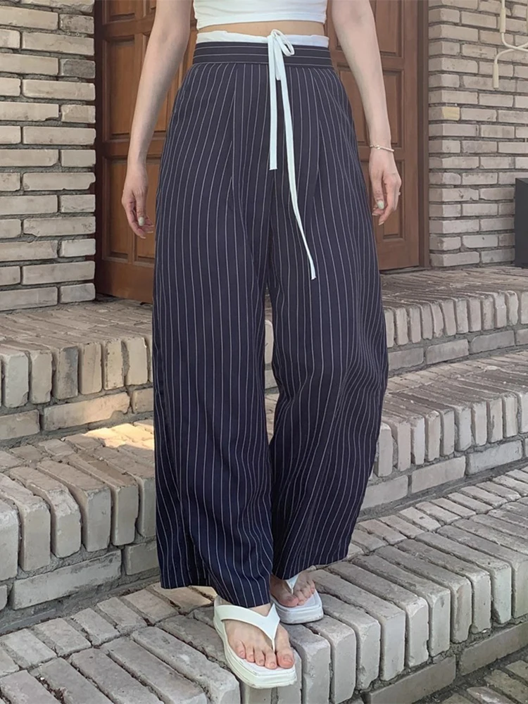 

High Waist Dstring Striped Casual Pants Women's Summer New Sle Retro Color Blo Wide Leg Pants Commute Faion