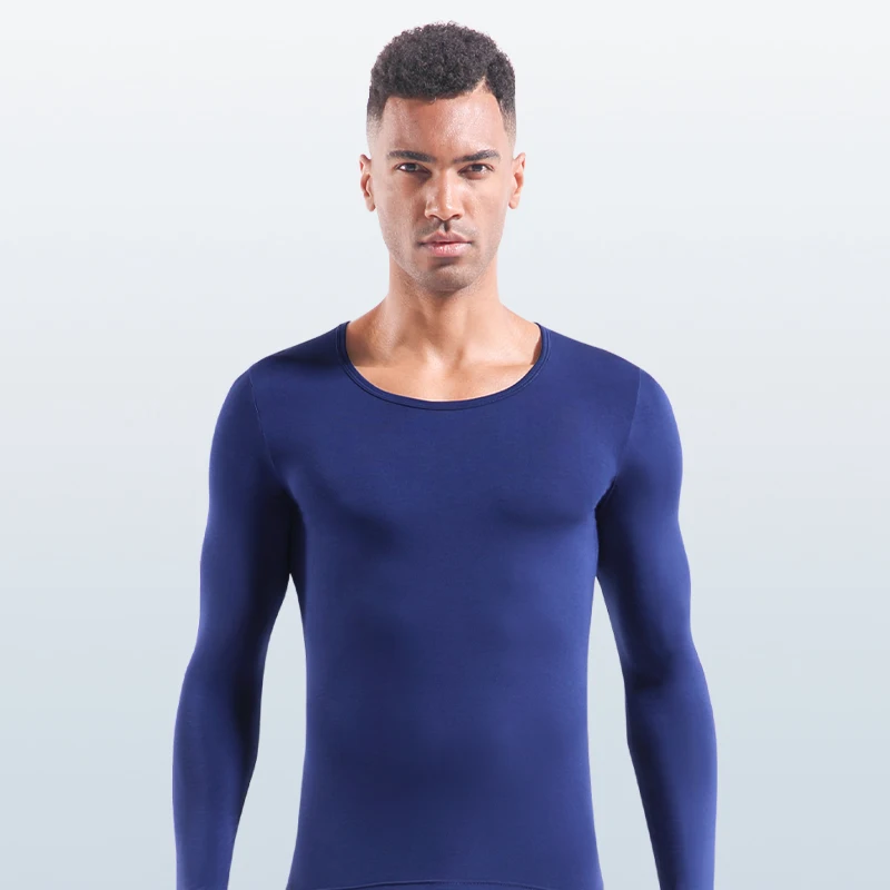 Men's Autumn and Winter Thin Thermal Top, Round Neck Basic Undershirt, Slim Fit Long-Sleeve Base Layer