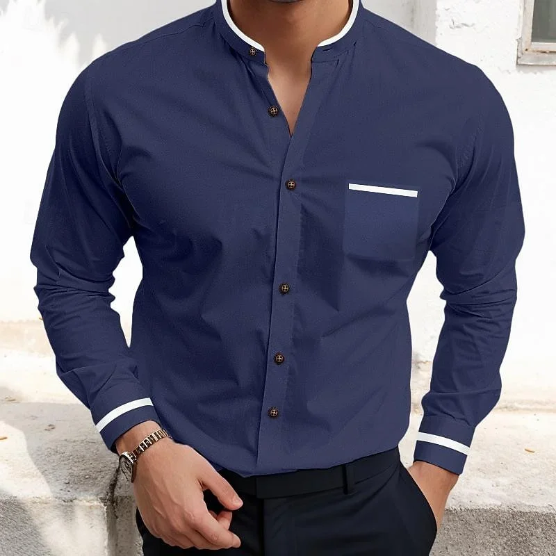 European and American new men\'s shirt long sleeved casual business solid color lapel pocket daily comfortable top