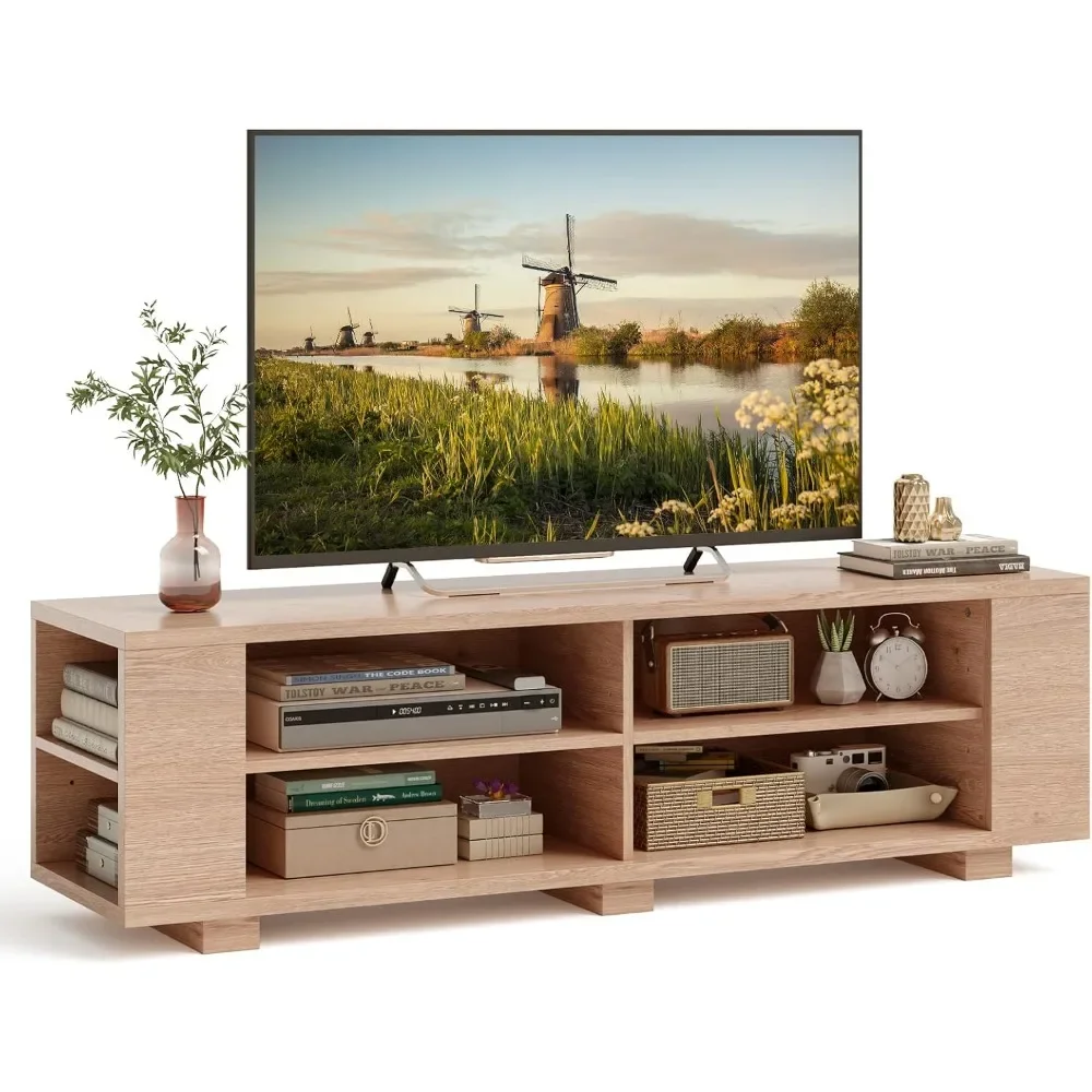 

TV Stand Entertainment Center - Farmhouse Television Table up to 65 Inches TVs, TV Cabinet with 8 Open Shelves, 4 Cable Holes,