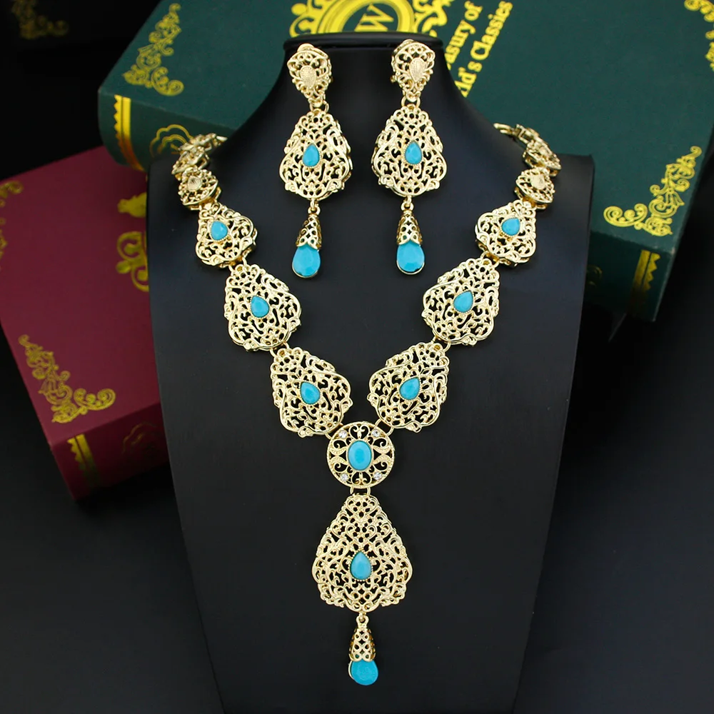 Algeria Morocco Jewelry Sets Long Earring Necklace Set For Women Hollow Arabesque Pendant Necklace Gold Color Bride Jewelry