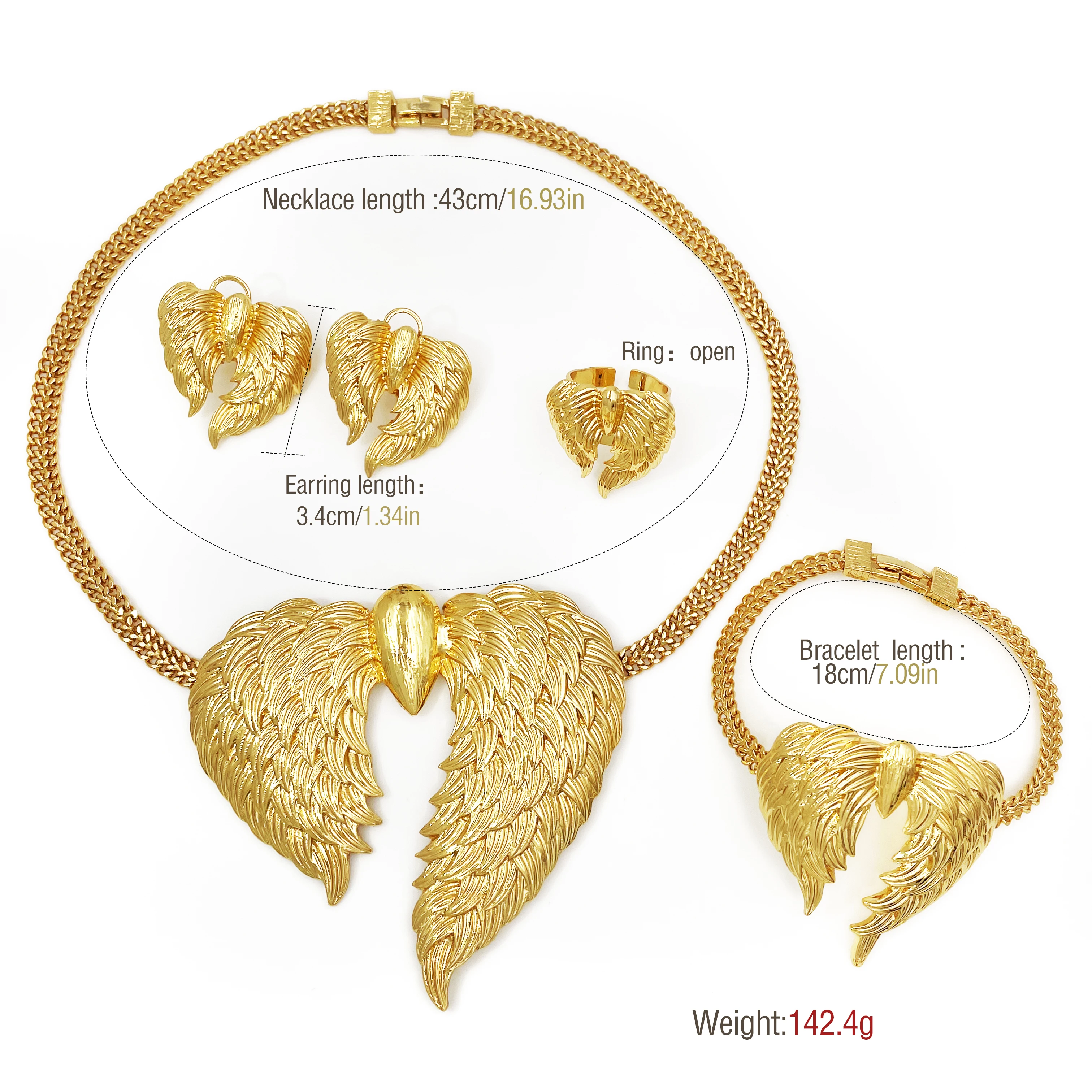 Dubai 18K Gold Plated Women Jewelry Set Classic Design Angel Wings Necklace Earrings Bracelet And Ring 4PCS Set Party Jewelry