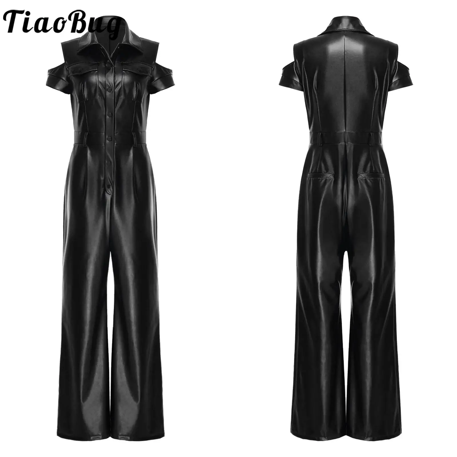 

Women Stylish PU Leather Cargo Jumpsuit Clubwear Cold Shoulder Front Button Side Pockets Straight Leg Rompers for Party Club