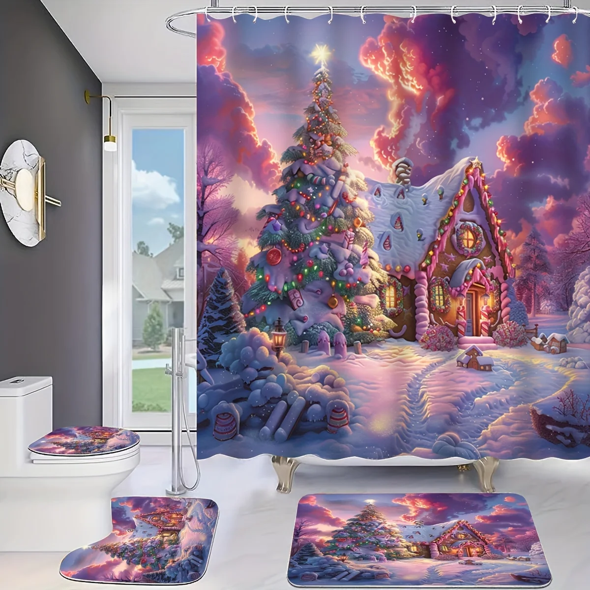 

Рождественская страна чудес: набор для ванной комнаты с принтом пряничного домика и 12 бесплатными крючками — включает занавеску для душа, коврик, чехол для унитаза и