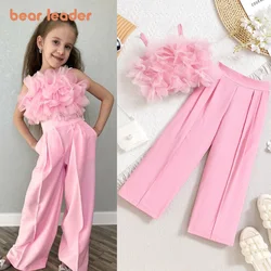 Bear Leader Fashion Solid Color Girls Clothes Summer New Children's Clothing Mesh Suspender Top+Pants Sweet Cute Two-piece Set
