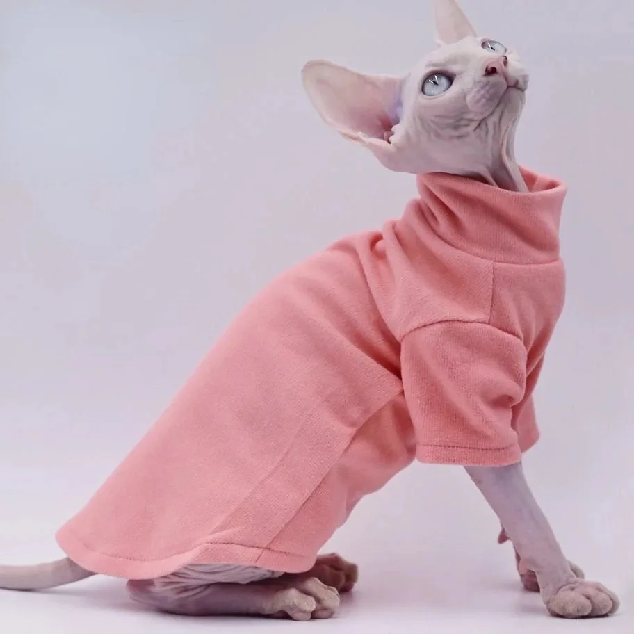 Sphynx Cat Clothes All SeasonPure Pink Hairless Cat Vest Shirt Comfort Cotton Turtleneck Outwear Coat for Devon Rex Cat Clothes