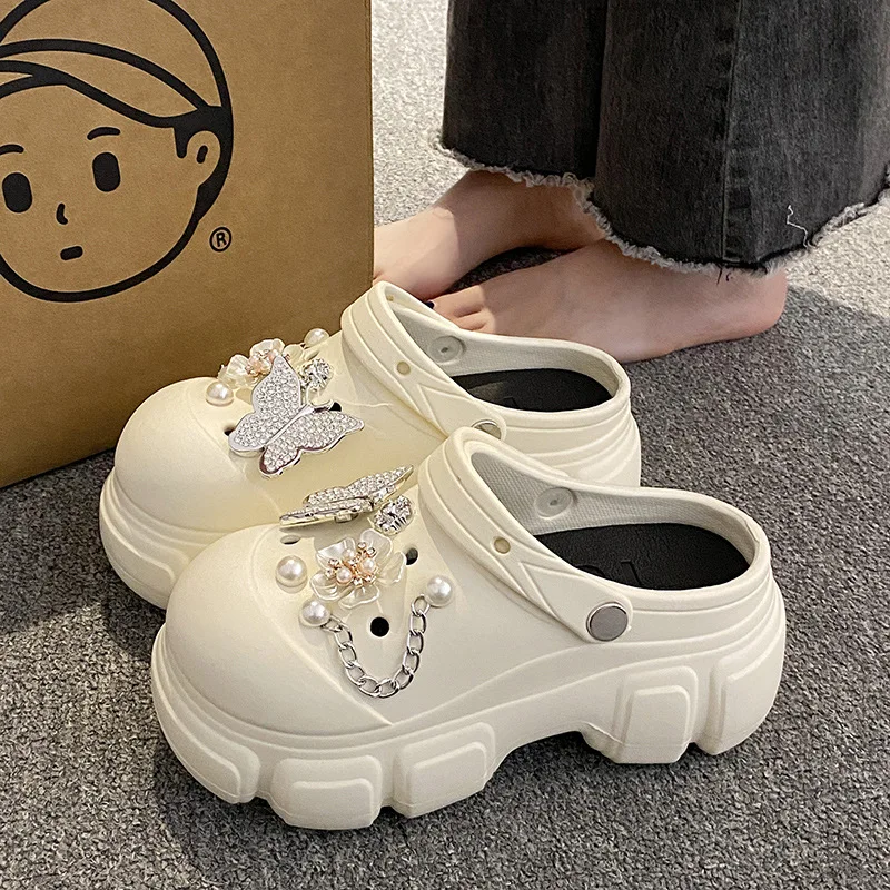 Fashion Women's Hole Shoes 2024 Summer Thick High Heel Soft Sole DIY Accessories Hole Slippers Outdoor Beach Garden Shoes