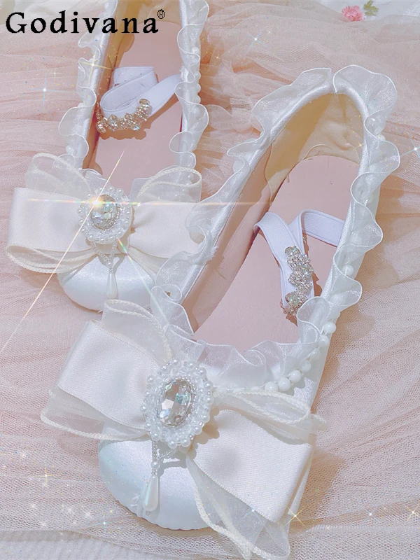 

Japanese Original Design Sweet Lolita Round Head Shallow Mouth Heightening Single Shoes Lace Cute Girl Ballet Soft-soled Shoes