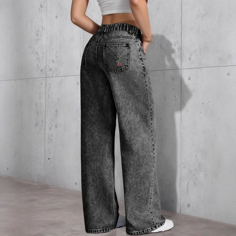 Women's Clothing Jeans2026 Red Cherry Blossom Embroidery Magic Spinning European And American Thin Rubber Band Wide Leg Personal