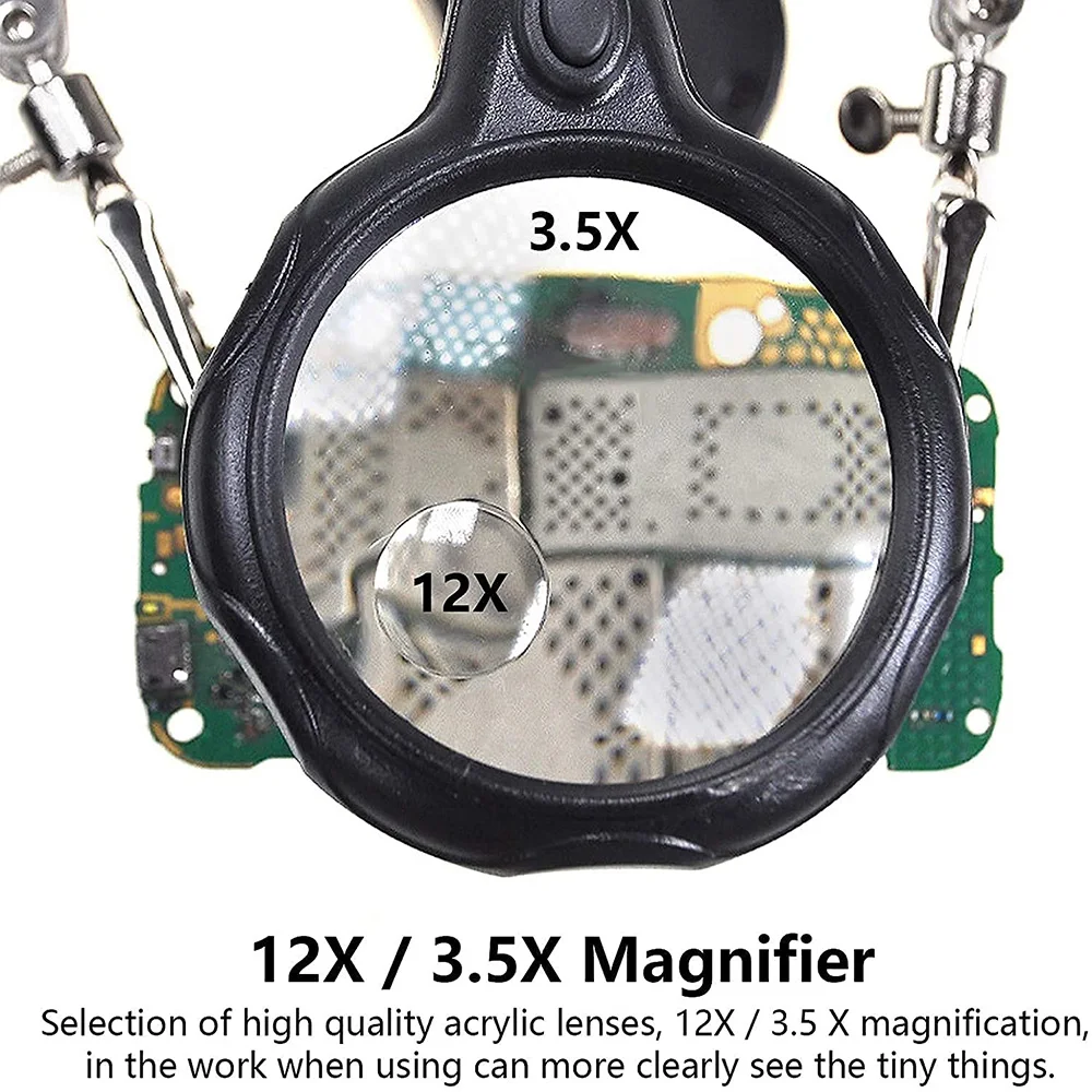 LED Magnifying Glass Repair Stand 3.5X 12X Magnifying Glass With Multifunction Auxiliary Clip Soldering Iron Welding Repair Tool