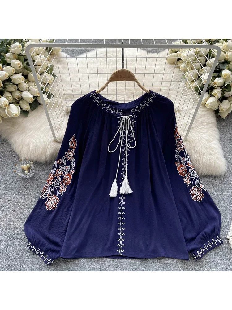 Women Spring Autumn Blouse French with Foreign Air Thin Retro Ethnic Style Embroidery Printing Lace Up Chic Shirt Tops D2533