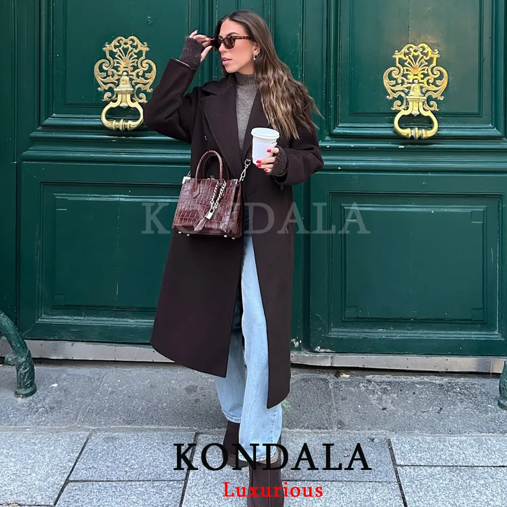 KONDALA Casual Chocolate Brown Women Coats Long Sleeve Buttons Pockets Long Jacket Fashion 2025 Autumn Winter Thick Warm Outwear