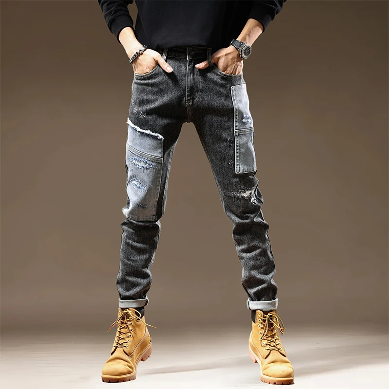 

Black and gray tide brand jeans men's splicing patch Slim small straight leg fashion versatile gang handsome personality pants