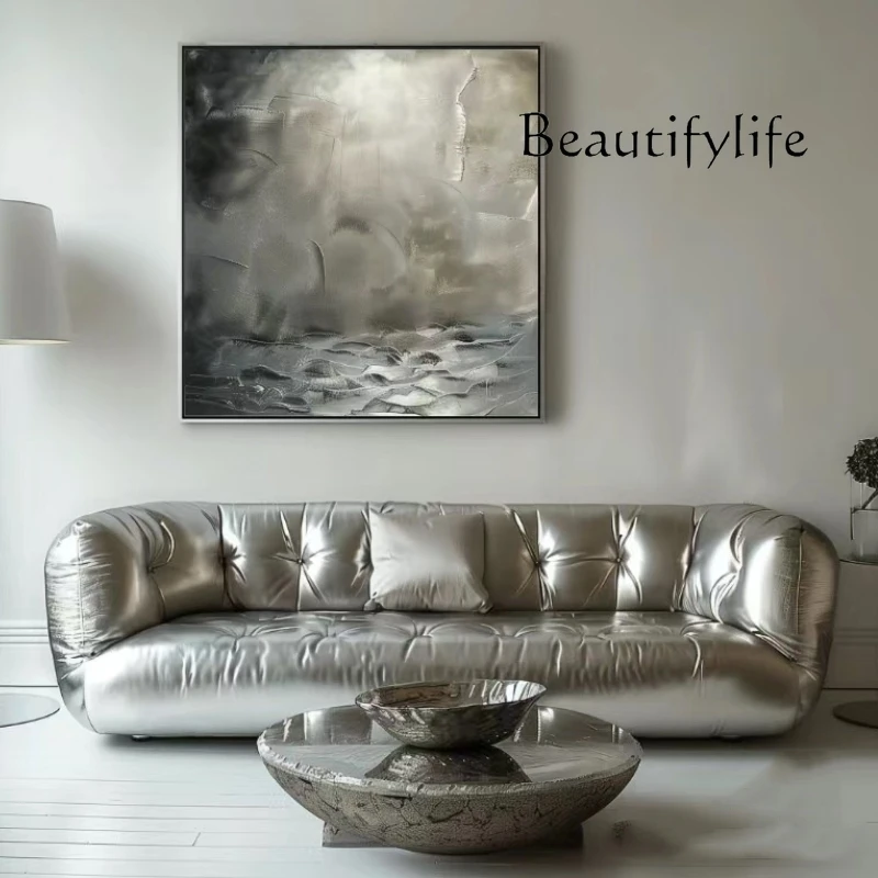 

Minimalist niche designer studio store lobby silver pearlescent leather sofa