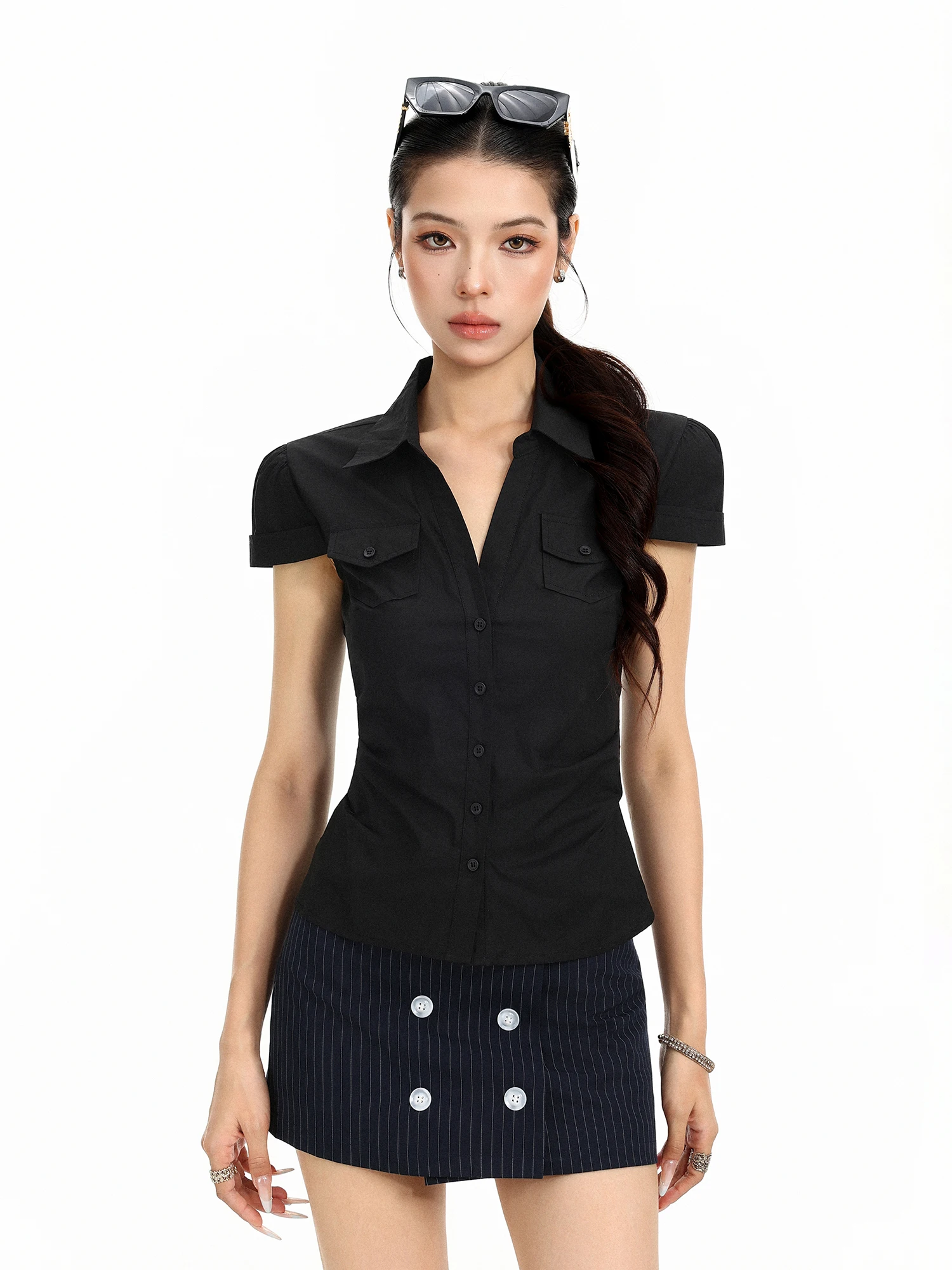 Women's Slim Fit Shirt Short Sleeve Pleated Waist Cinching Commute Friendly Casual Fashion Korean Style White Checkered Pattern