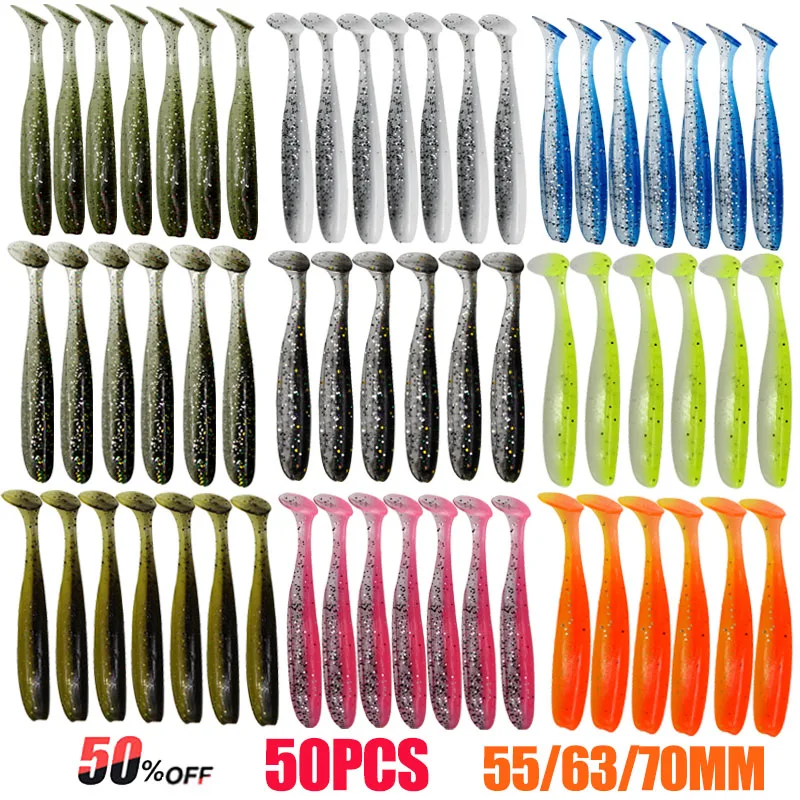 Señuelo de pesca suave de silicona Artificial, 10-50 piezas, 70Mm, trucha, sábalo, carpa, gusano, cebo de hundimiento, cola T, Jigging, Wobbler