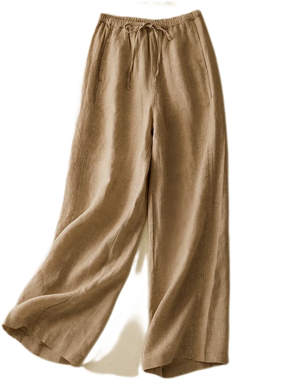 Retro spodnie z wysokim stanem i szerokimi nogawkami, damskie, luźne, wyszczuplające, elastyczne, z bawełny i lnu, proste nogawki, codzienne spodnie, lato 2025
