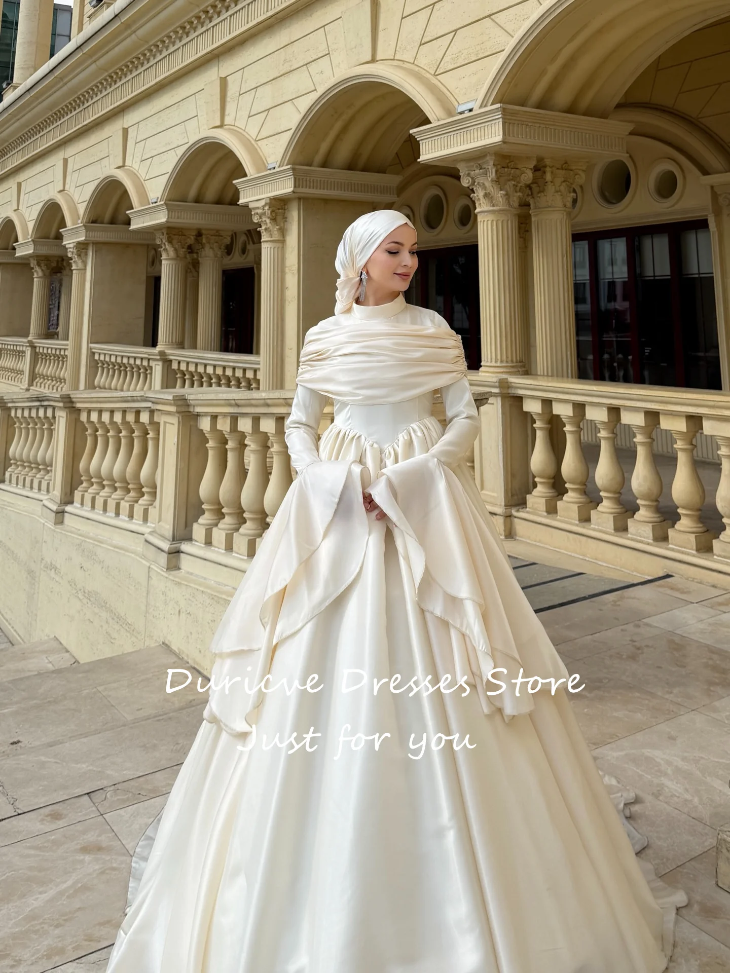 Duricve Customized Champagne Muslim Evening Dresses Long Sleeves High Neck A-Line Modest Formal Prom Gown robe de soirée