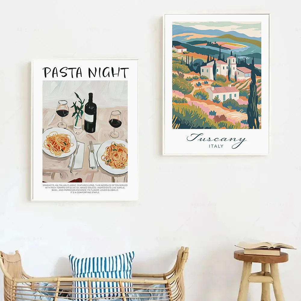 Vintage Italy Travel Food Spaghetti Coffee Mediterranean Coast Landscape Poster Canvas Painting Wall Picture Home Kitchen Decor