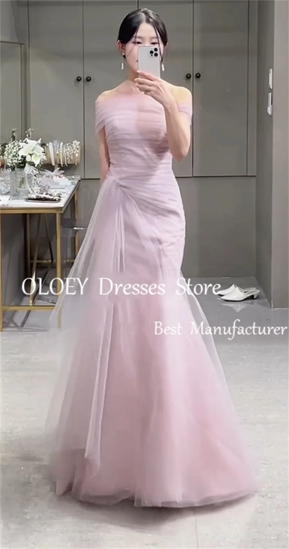 OLOEY Customized Korea Mermaid Wedding Photoshoot Dress Off Shoulder Prom Dress Pleats Soft Tulle Party Gown Floor Length