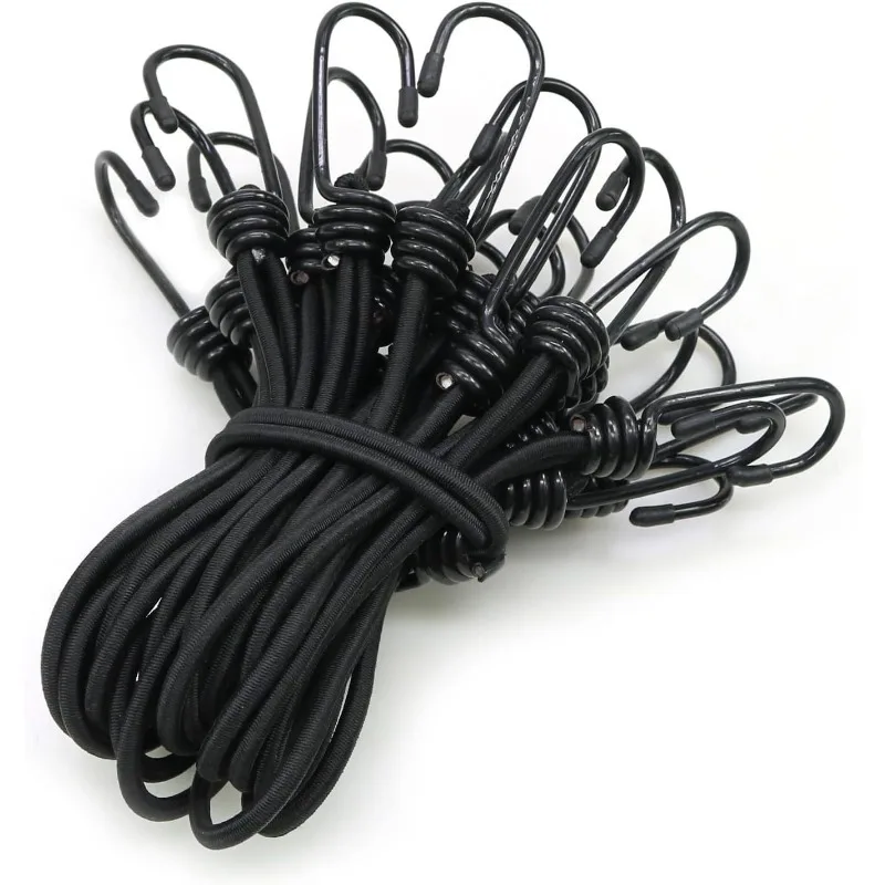 10PCS Bungee Cords 30cm/60cm/120cm Heavy Duty Outdoor Bungee Straps with Hooks Black Bunji Cord 7mm Thickness for Securing Tarps