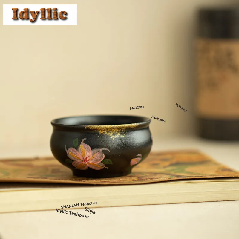 HOYIHM 100ml Gold Drawing Black Pottery Lily Teacup Zen Tea Bowl Cute Cup Tea-tasting Fragrance Cup Jianzhan Master Cups Teaware