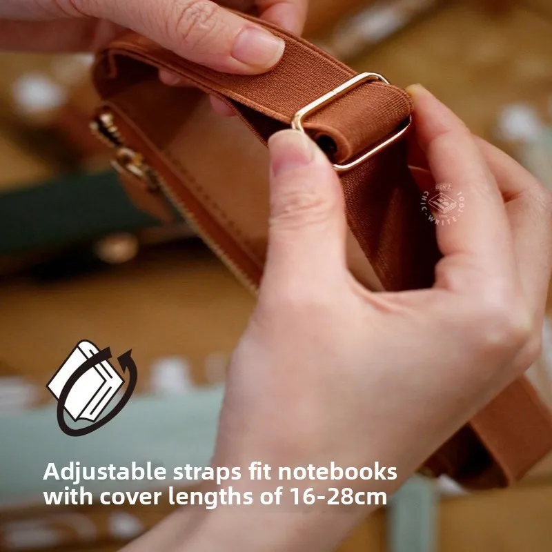 Picture 5: Portable PU Leather Zipper Pen Pouch Adjustable Elastic Book Strap Pen Holder Notebook Accessory Stationery Storage Bag