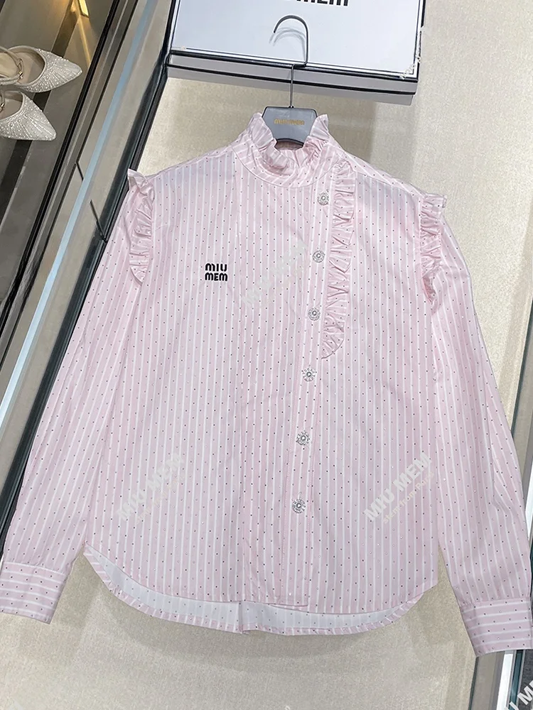 

Розовая женская блузка премиум-класса в европейском стиле для офиса, с полосками, оборками и стразами, осенне-зимняя, с эффектом подогрева