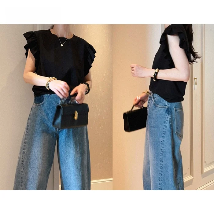 

Летняя футболка PKHHK с круглым вырезом и шелковым кружевом, модный топ для женщин, повседневный стиль, короткий рукав, стандартный крой