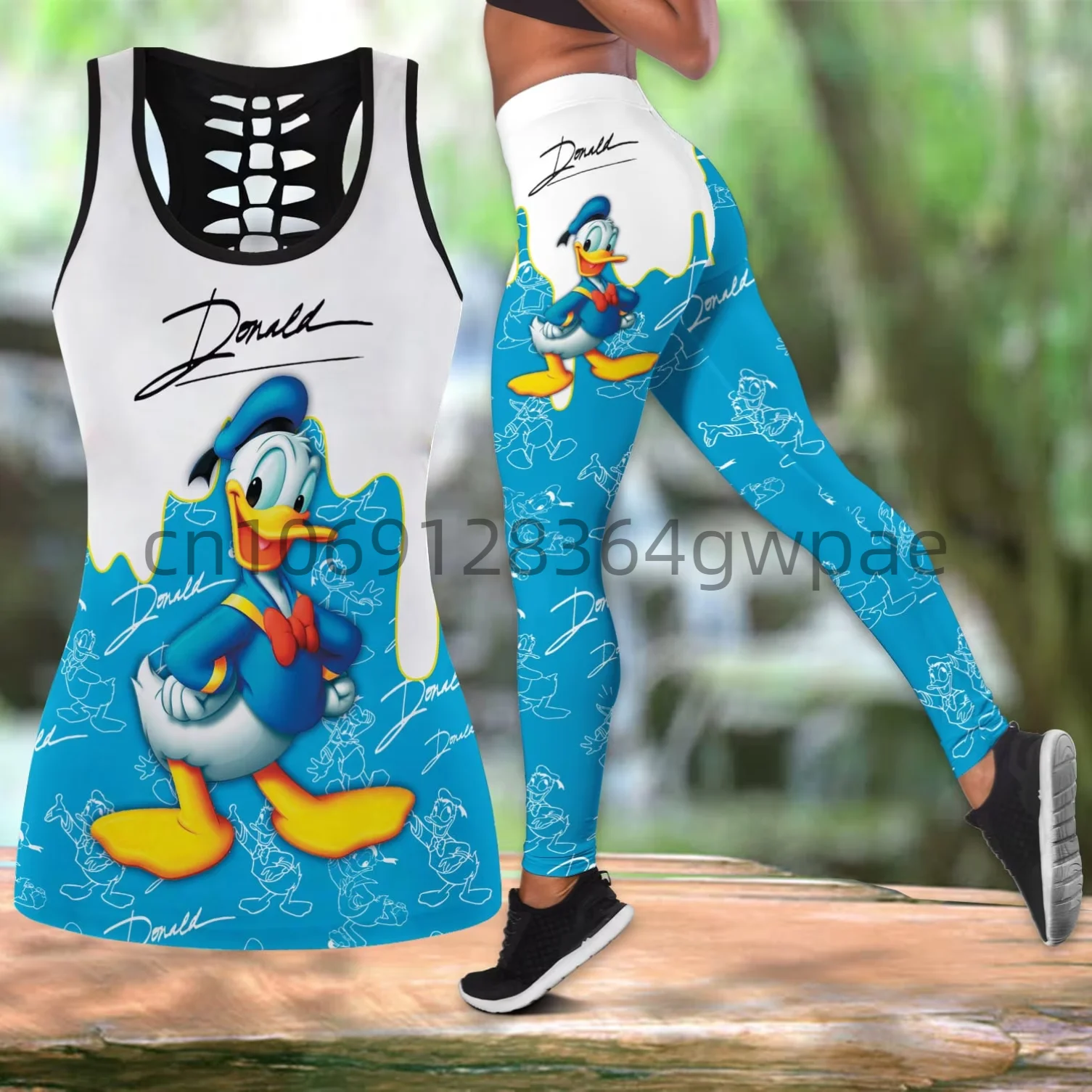 Disney Donald Duck Women Cutout Tank Top Leggings Yoga Set Summer Fitness Leggings Tracksuit Disney Hollow Tank Top Leggings Set