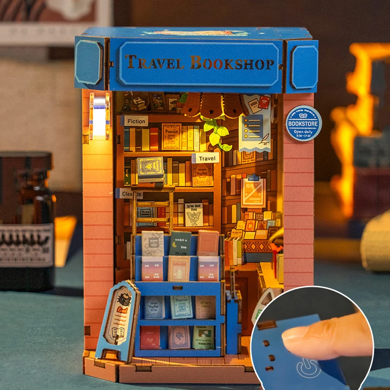 DIY Holz-Buchecke, Regaleinsatz, Reise-Buchhandlung, Buchstütze, Miniatur-Modellbausätze mit Licht für Freunde, Geburtstagsgeschenke