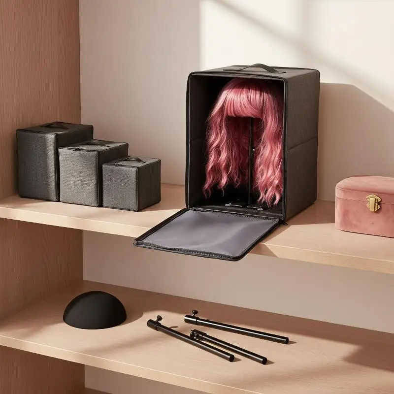 Wig Storage Box For Toupee Closure Frontal Hand Carry Wig Bag Foldable High Capacity With Adjustable Head Stand Packaging Box