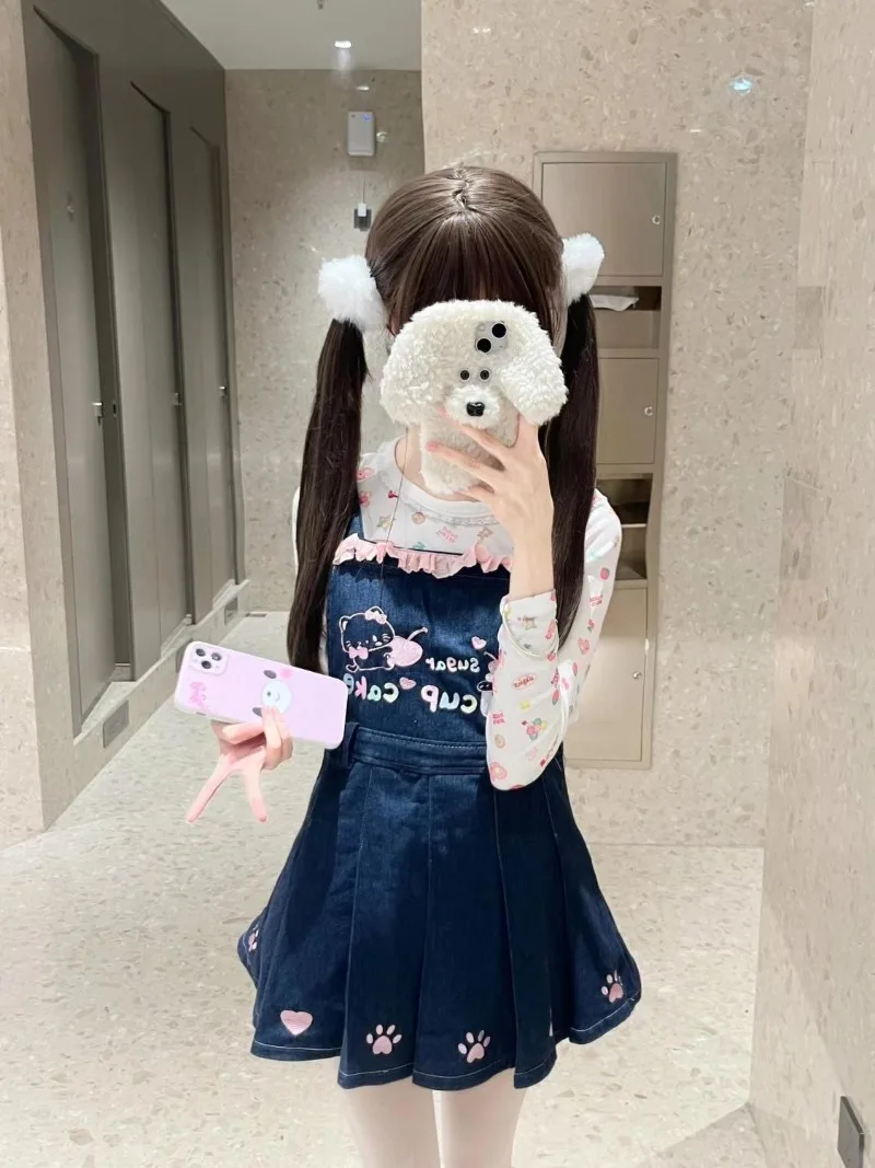 لطيف Kawaii فتاة الحد من العمر بأكمام طويلة الدانتيل المرقعة س الرقبة سليم طباعة أعلى الكتف الأشرطة الخصر Cinching تنورة مجموعات الصيف