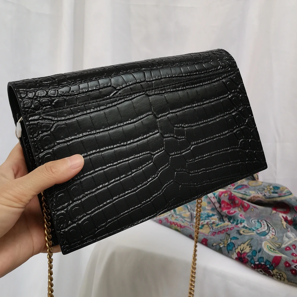 Black Fashion Crocodile Pattern Chains Clutch Genuine Leather Women Bag Real Leather Lady Shoulder Crossbody Bag