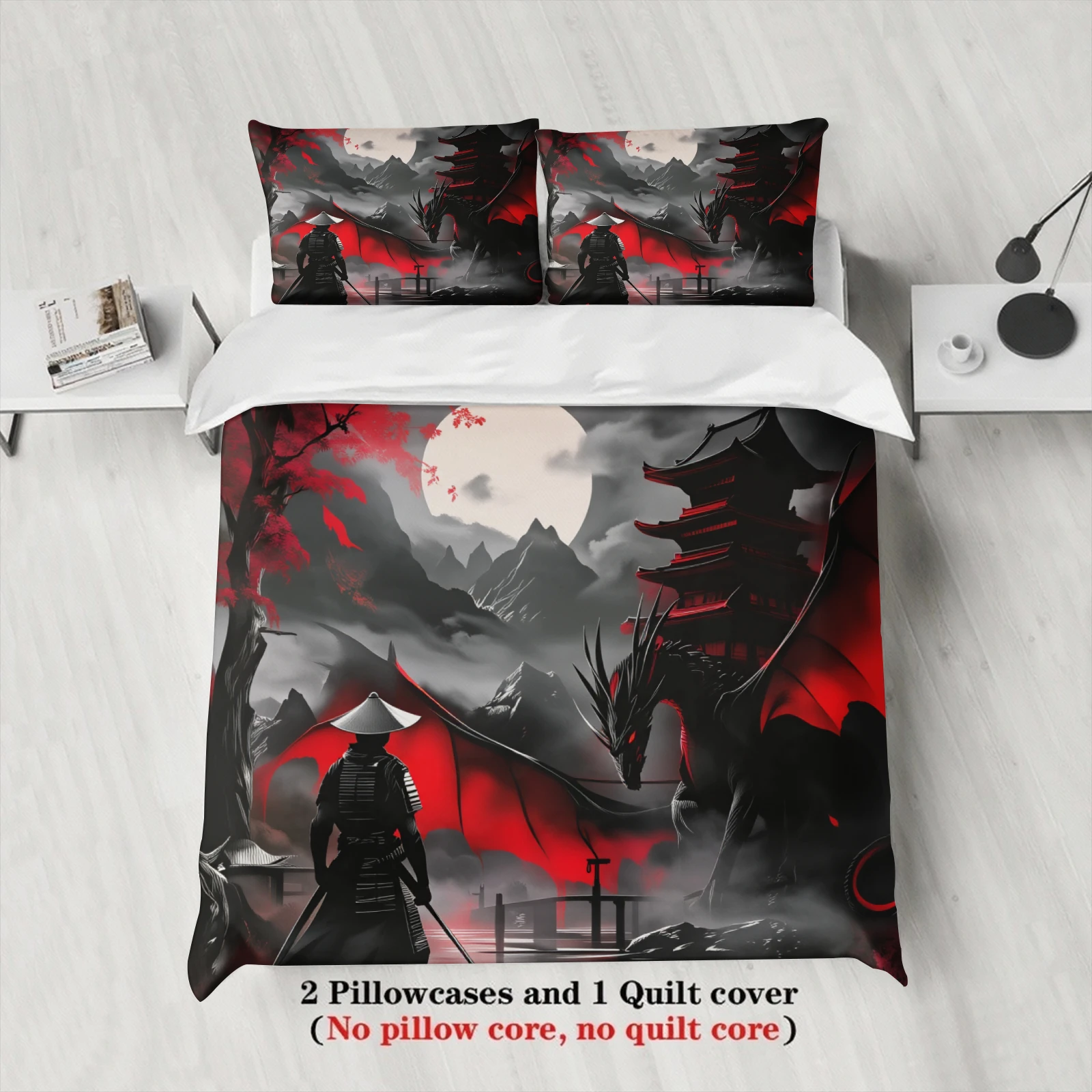 Japanese Samurai Dragon Duvet Cover Set Red Black Pagoda Bedding Set For Japan Culture Lovers Bedroom DecorTwin Queen King Size