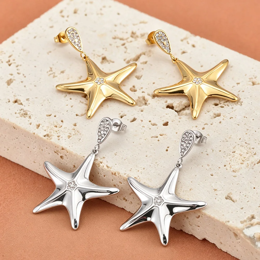 JeeMango Vacation Starfish Zircon Earrings Stainless Steel Beach Dangle Stud Earrings Fashion Jewelry Gift for Summer E26134