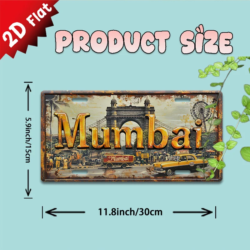 2D Flat,1pc, Vintage Metal  Sign, Decorative Sign, British Style Decor, Mumbai Cityscape with Landmarks, Sports Fan Decor