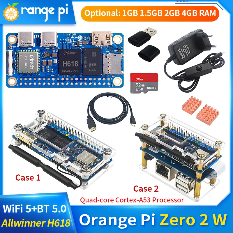 Pomarańczowy Pi Zero 2 W 1GB 1.5GB 2GB 4GB Allwinner H618 Allwinner H618 czterordzeniowy Cortex-A53 Mini PC z Wi-Fi5 BT5.0