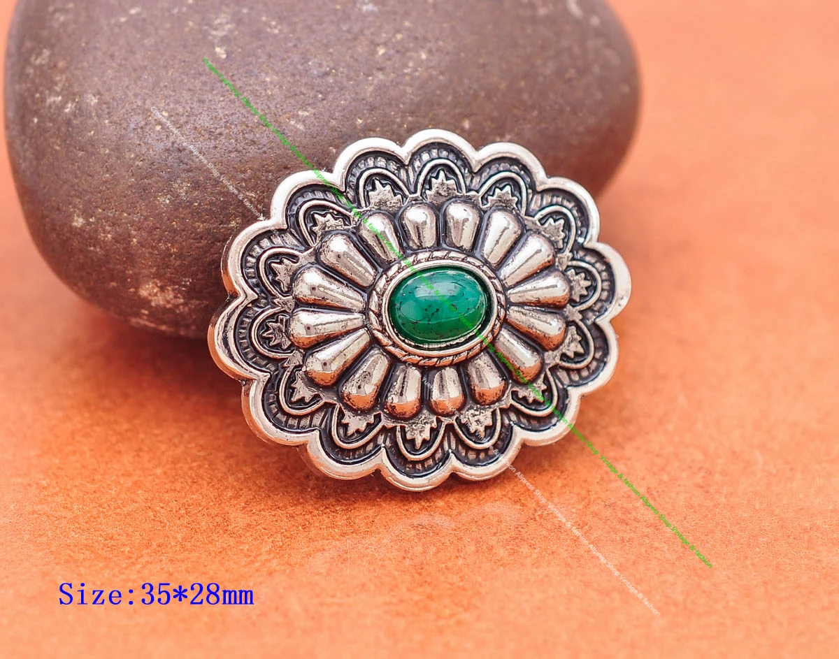 35*28MM Antik Silber Ethnische Indische Blumenkunst Himmelblau Türkis Concho Screwback Für Lederhandwerk Gürteltasche Hut Hardware – Detail 16
