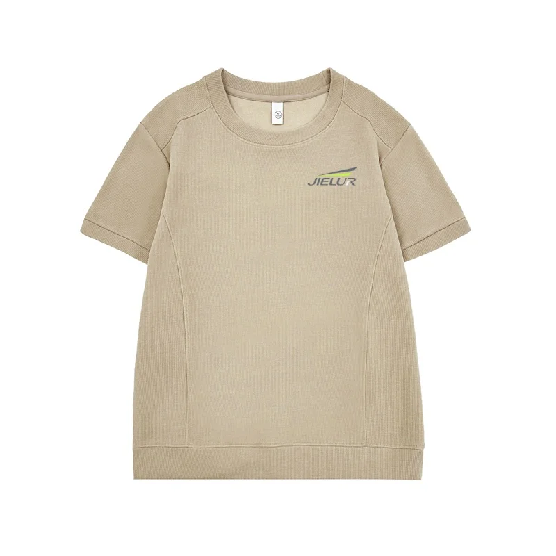 320g Tencel Camel Wool Waffle Crew Neck Spliced Line Casual Short Sleeve T Shirt Women Loose Top