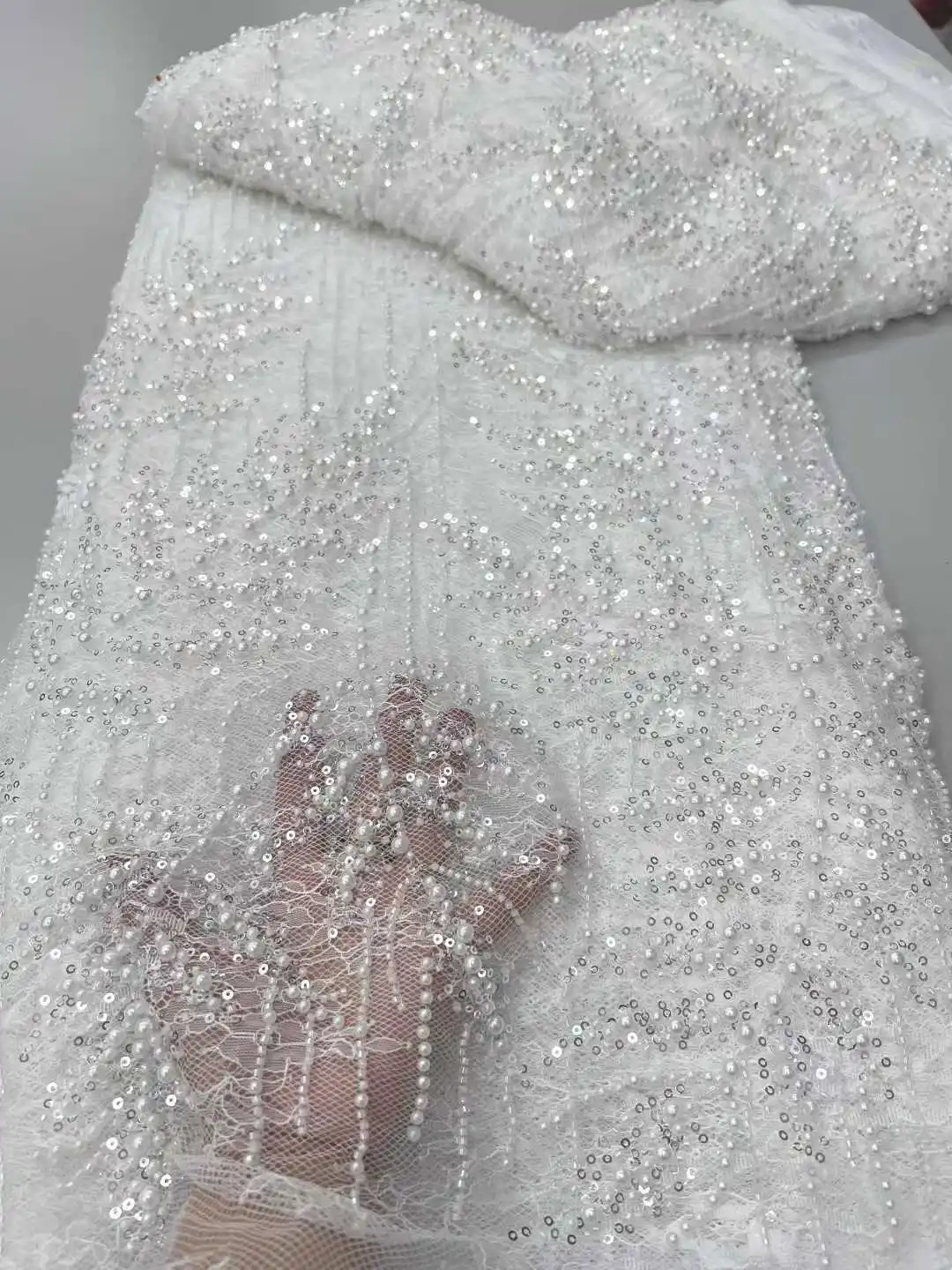 

Белый африканский бисер, кружево с блестками, африканская кружевная ткань, высокое качество, 5 ярдов, нигерийский французский тюль, кружевная ткань для свадьбы