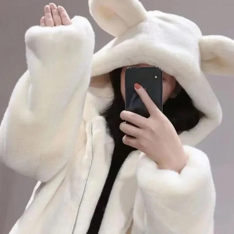 Women's 2023 Autumn and Winter New Faux Wool Solid Color Hooded Loose Cute Bear Ears Versatile Mid-Length Zipper Jacket  coats