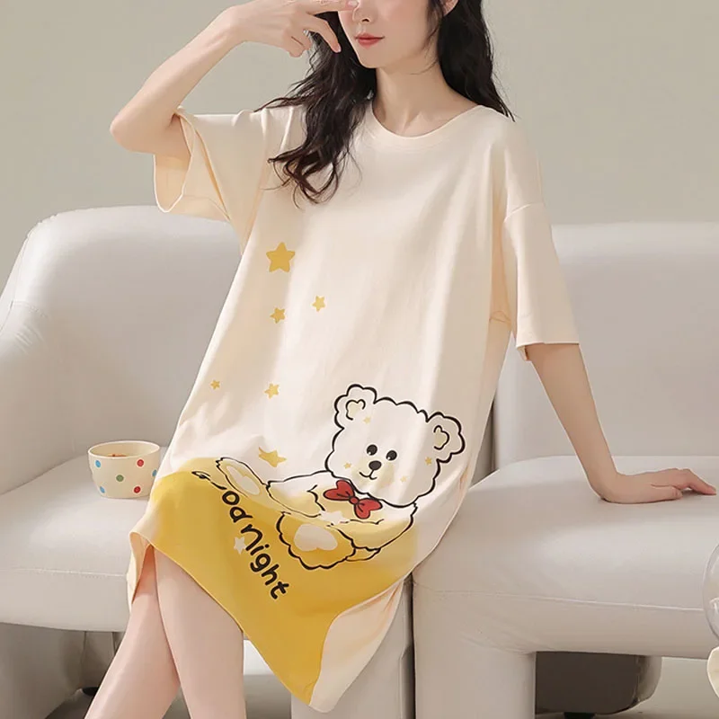 Women Large Size Pajamas Short-Sleeved Nightgown Cartoon Bear Xl Long Girl Robe Rabbitlong Skirt Loungewear Sexy Nightwear Dress