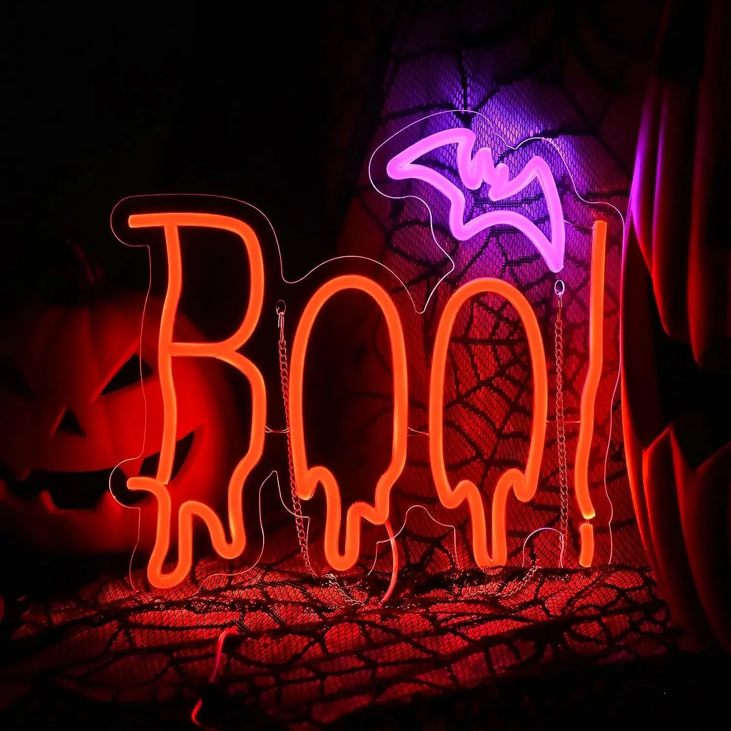 Orange Purple BOO Bat Neon Light Up Sign for Halloween Party Decor Halloween Spooky Boo Neon Sign for Trick or Treat Party Gifts