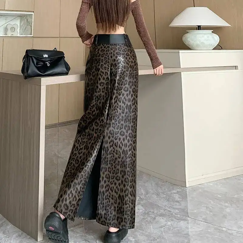 

Осенние женские винтажные элегантные длинные юбки из искусственной кожи с леопардовым принтом, женские сексуальные юбки с разрезом и высокой талией, тонкая вечерние макси-юбка Y K Faldas