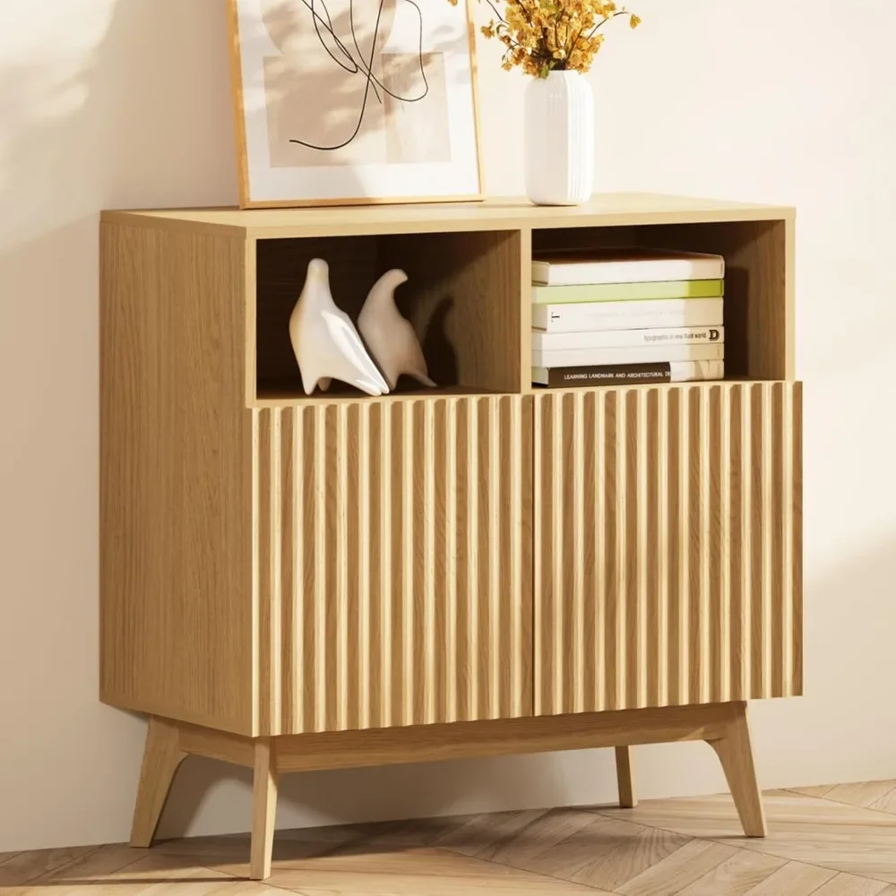 

Fluted Storage Cabinet Oak, Modern Buffet Sideboard with Storage, Accent Cabinet with Solid Wood Legs, Console Table with
